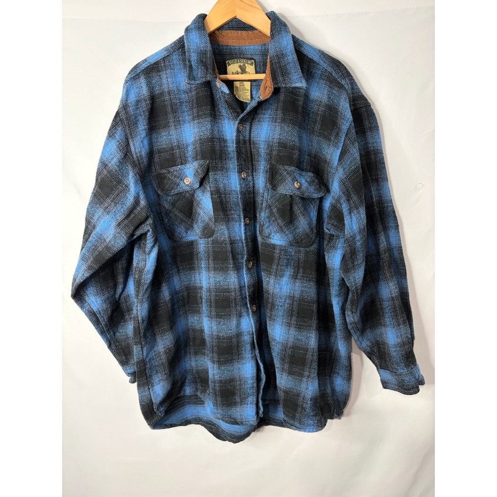 Vintage Field & Stream Heavy Flannel Shacket Blue Plaid Corduroy Trim Mens XXL